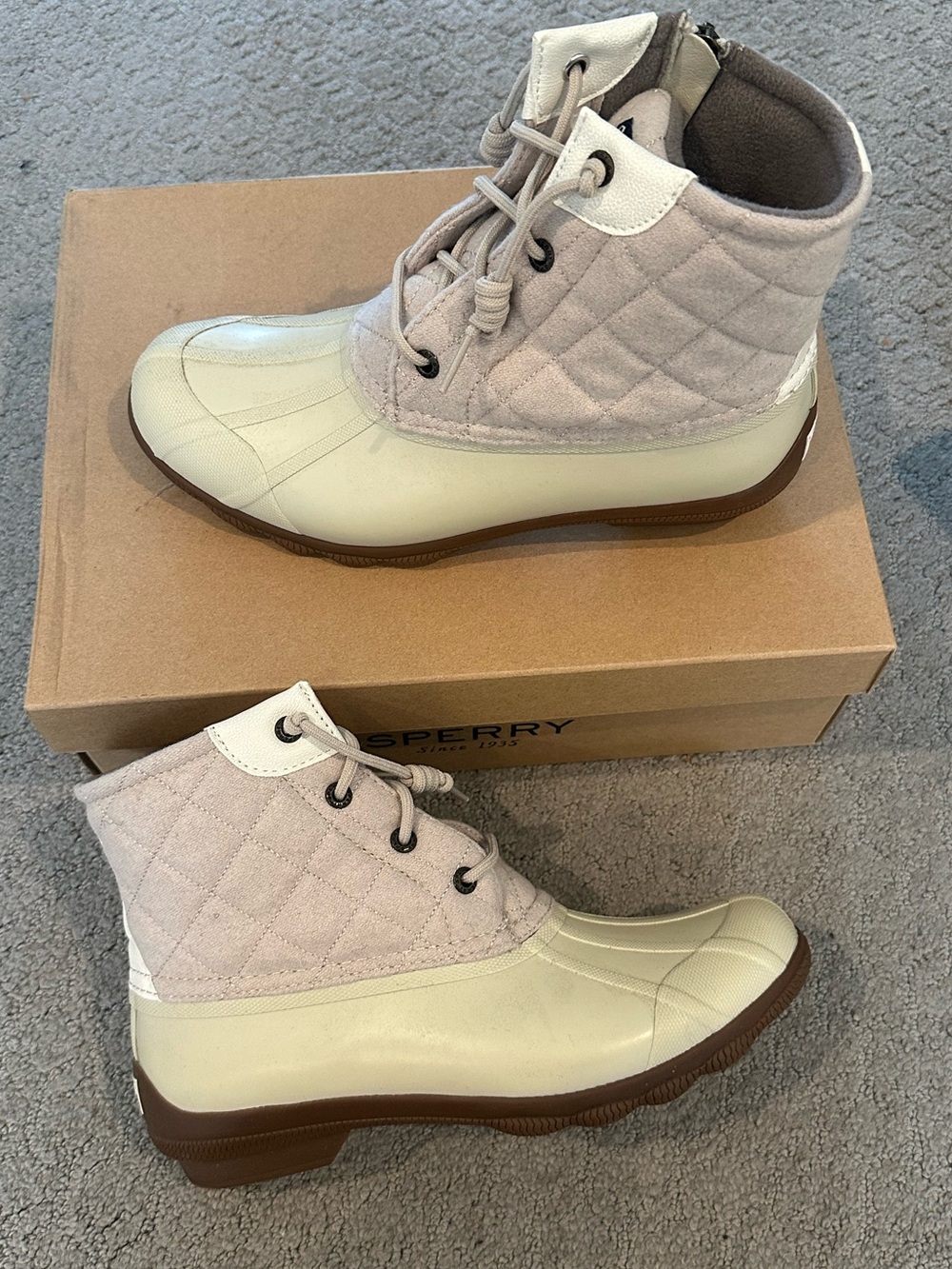 Sperry Quilted Lace-Up Duck Boots in Cream and Brown